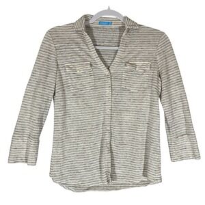 J McLaughlin Striped Linen‎ Button Down Shirt Sz XS Stretchy 3/4 Sleeve Collared
